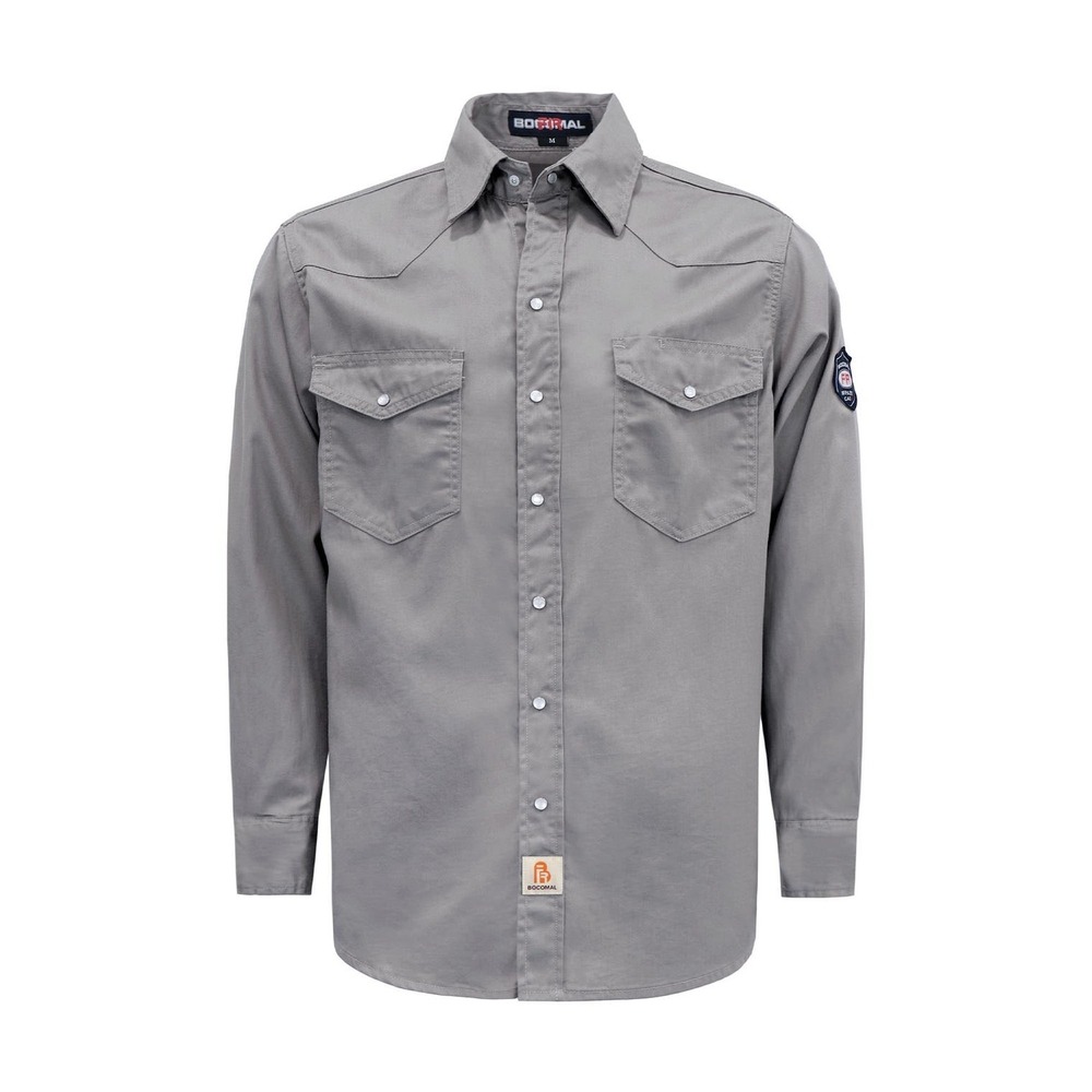 Bocomal FR Work Shirt Mens Gray Long Sleeve Flame Resistant Pearl Snap Western